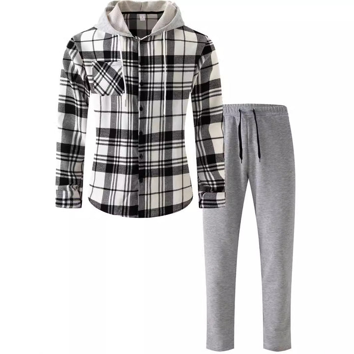 Herren lässiges Flanell-Hemd mit Kapuze und Jogginghose Set Echoarchiv