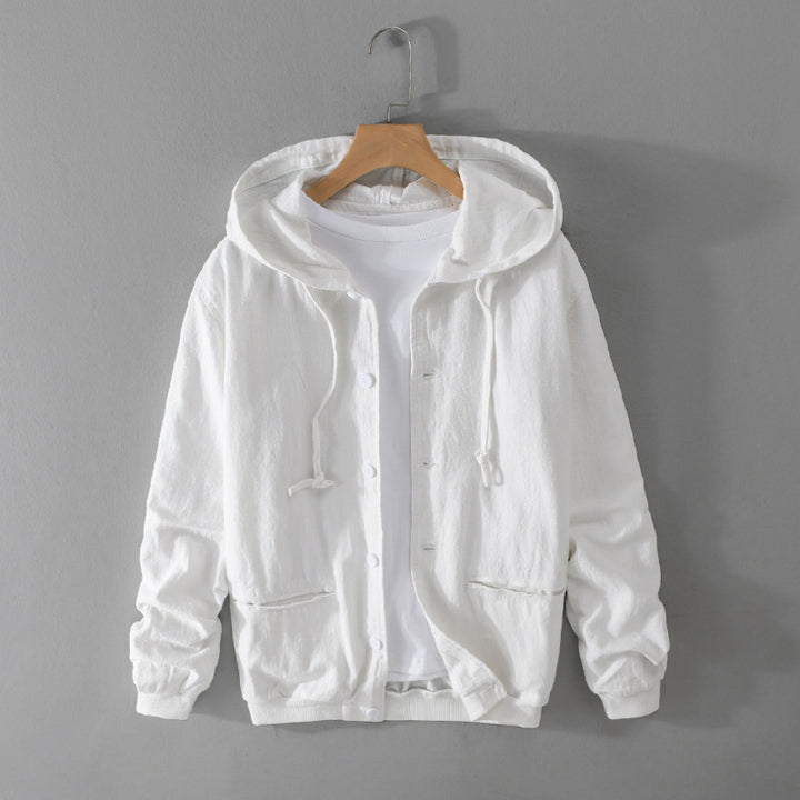 Herren Leichte Leinen-Hoodiejacke mit Knopfleiste und Kordelzug Echoarchiv