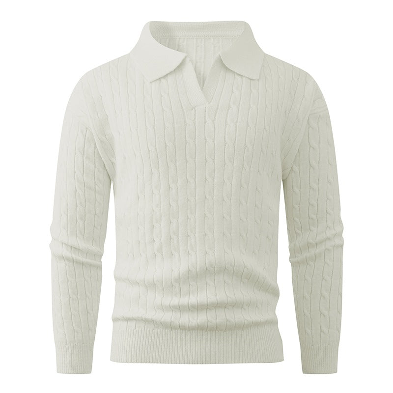 Herren Kabelstrick-Polo-Pullover mit V-Ausschnitt und Zopfmuster Echo Archiv