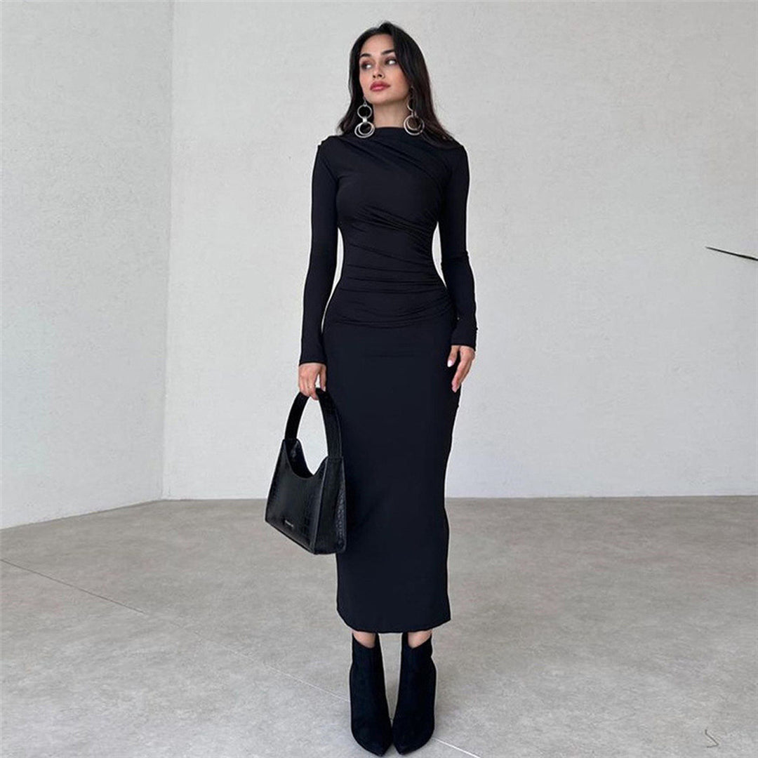 Damen figurbetontes Maxikleid mit hohem Kragen und seitlicher Raffung Echo Archiv