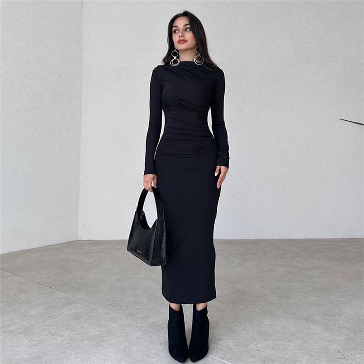 Damen figurbetontes Maxikleid mit hohem Kragen und seitlicher Raffung Echo Archiv