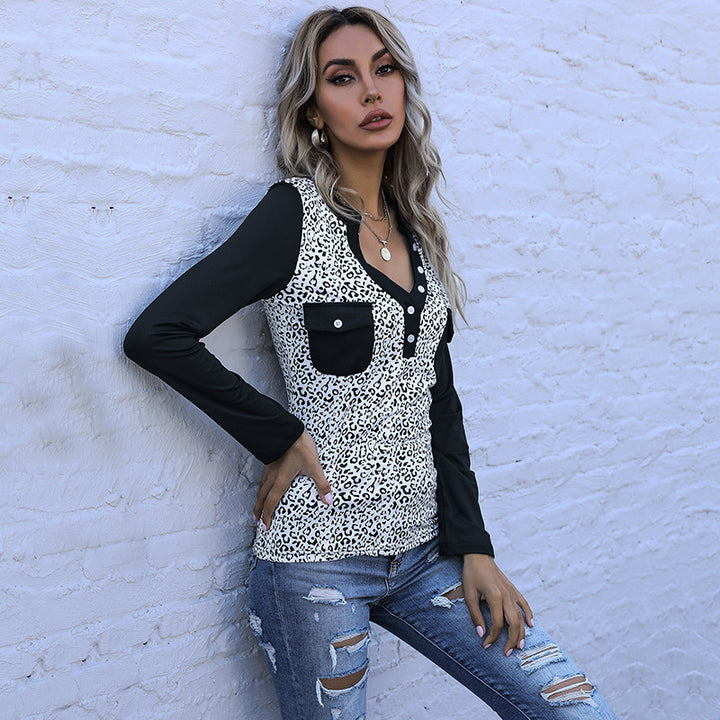 Damen Langarmshirt im Animal-Print mit kontrastierenden Ärmeln, Knopfleiste und Brusttaschen Echoarchiv