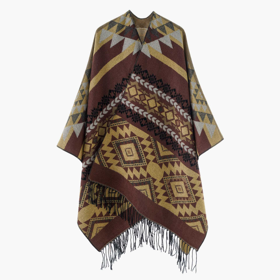 Damen Oversize Jacquard‑Cape im Ethno‑Jacquard mit Fransen – Avérine