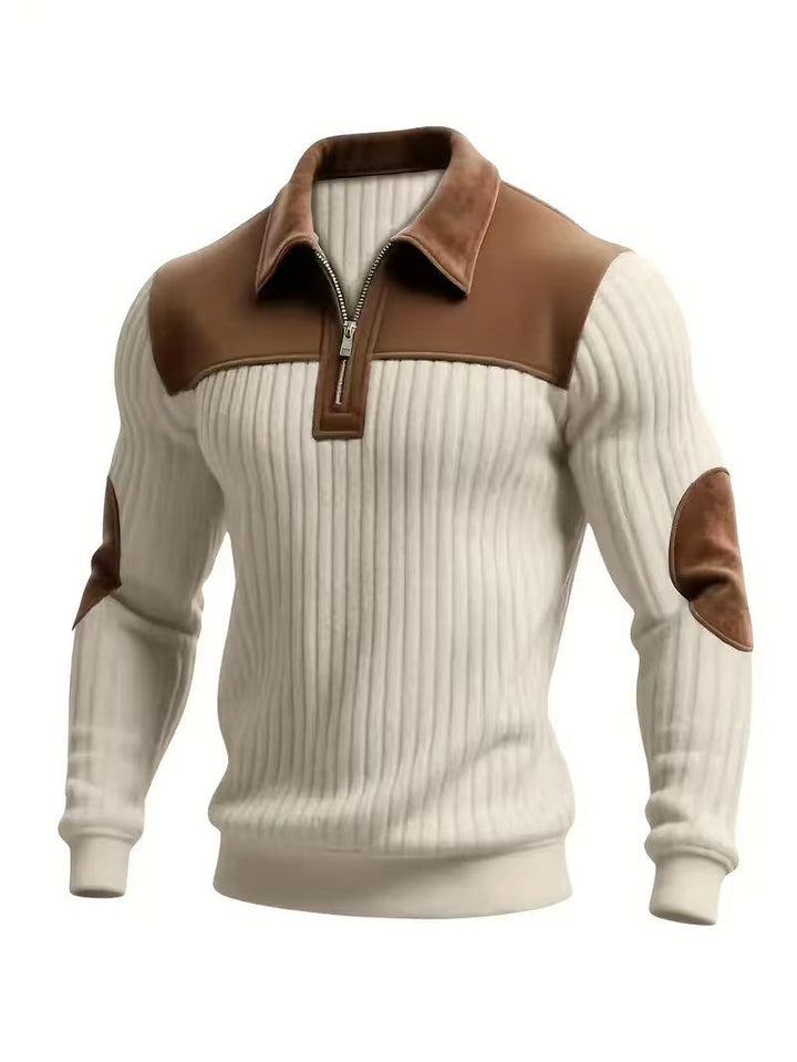 Herren nan gerippter Halbzip-Pullover mit kontrastierenden Lederapplikationen an Schultern und Ellenbogen Echo Archiv