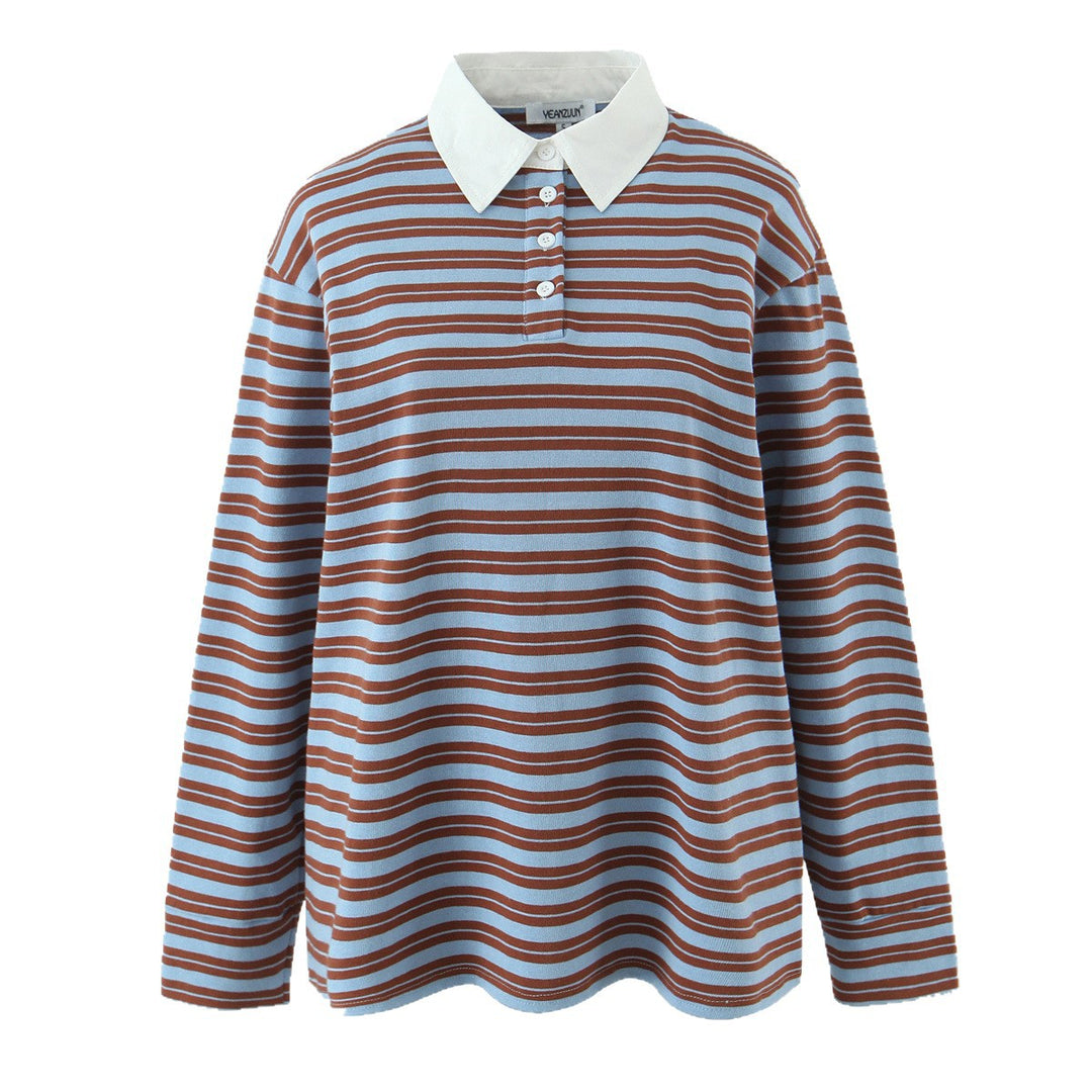 Damen Gestreiftes Oversize-Rugbyshirt mit kontrastierendem Hemdkragen und Knopfleiste Echoarchiv