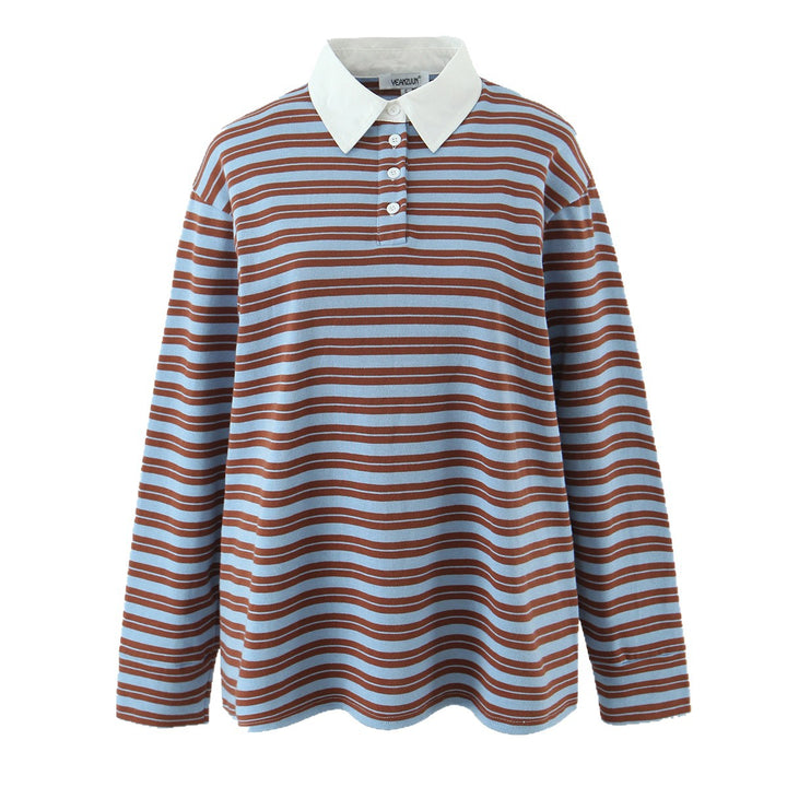 Damen Gestreiftes Oversize-Rugbyshirt mit kontrastierendem Hemdkragen und Knopfleiste Echoarchiv