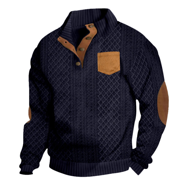 Herren nan Zopfmuster-Strickpullover mit Stehkragen Knopfleiste aufgesetzter Brusttasche und Lederoptik-Ellenbogenpatches Echo Archiv