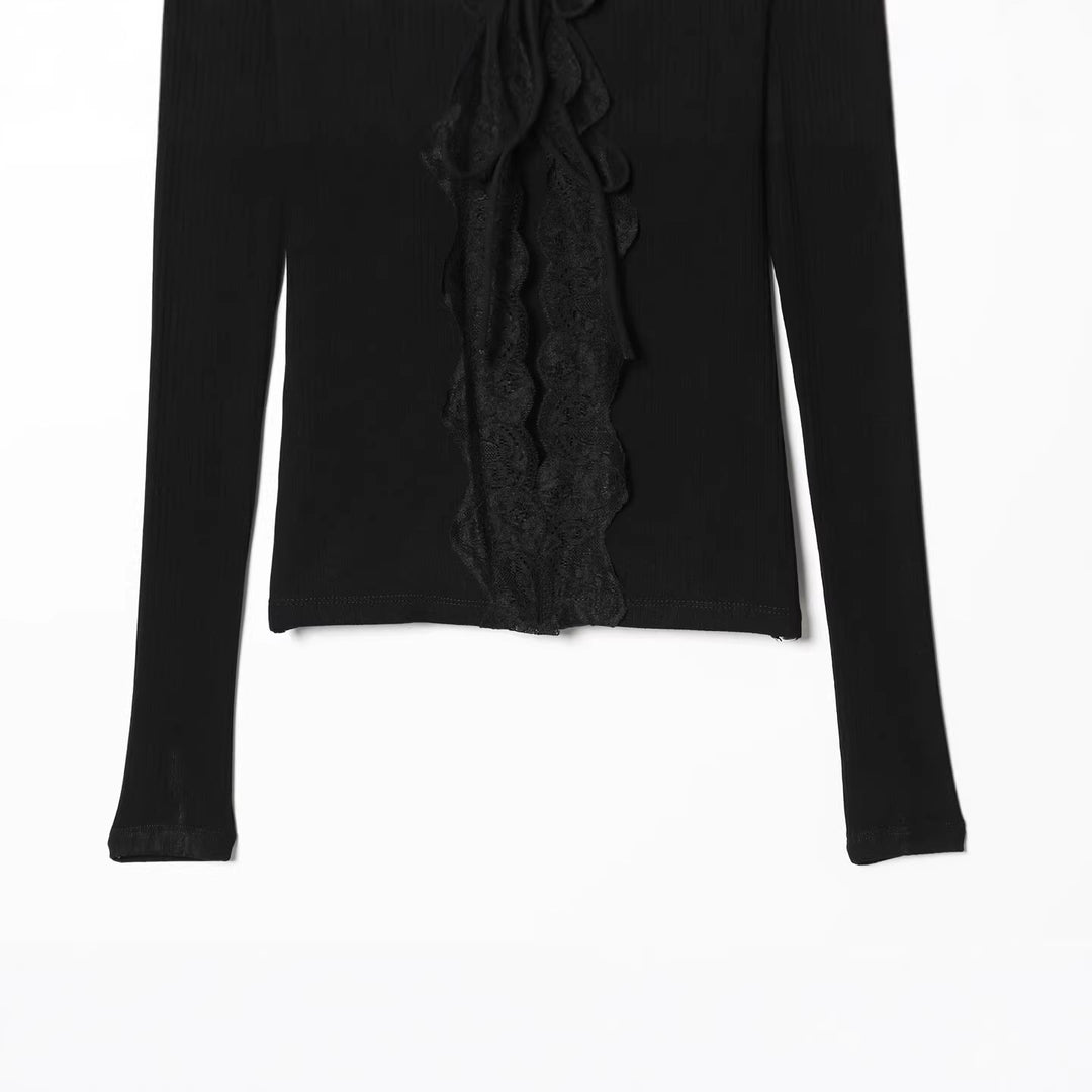 Damen Feines Rippstruktur-Longsleeve mit tiefem V‑Ausschnitt, breiter Spitzenblende und Zierband Echo Archiv