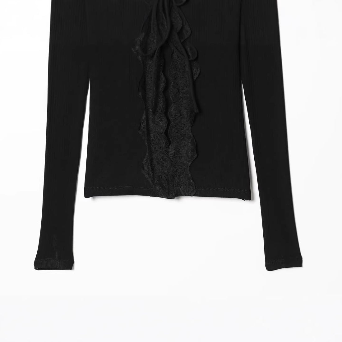 Damen Feines Rippstruktur-Longsleeve mit tiefem V‑Ausschnitt, breiter Spitzenblende und Zierband Echo Archiv