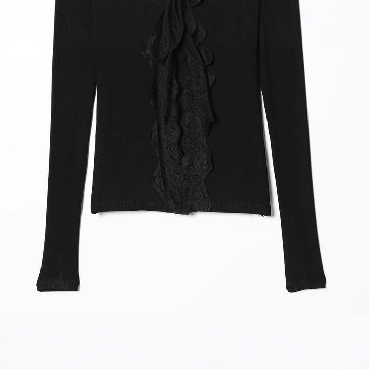 Damen Feines Rippstruktur-Longsleeve mit tiefem V‑Ausschnitt, breiter Spitzenblende und Zierband Echo Archiv