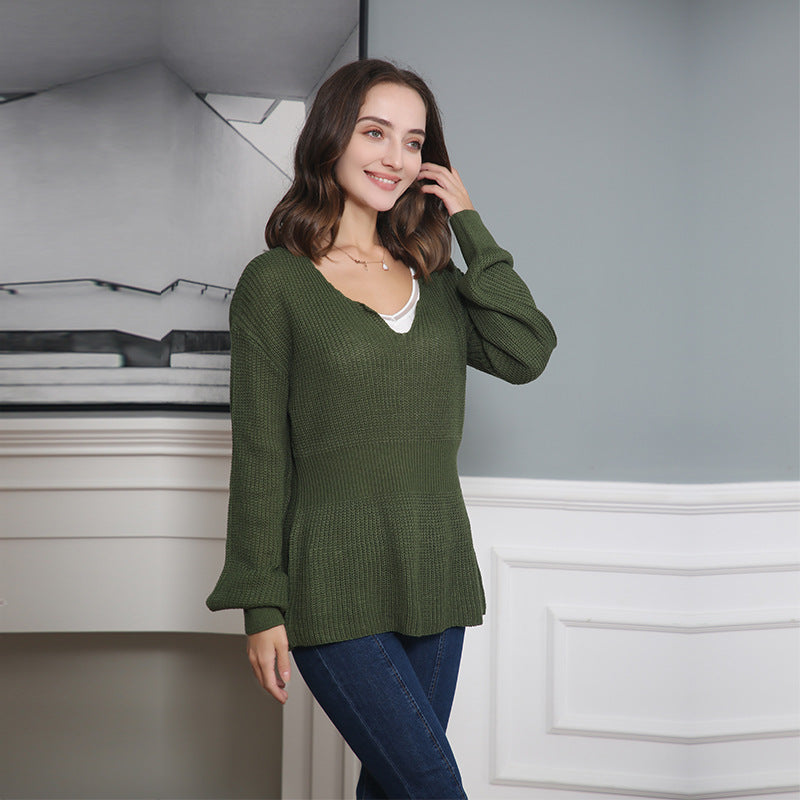 Damen Lockerer Feinstrick-Pullover mit V-Notch-Ausschnitt, Tailliertem Rippbund und Ballonärmeln Echo Archiv