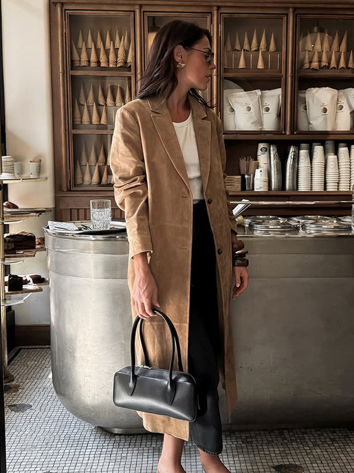 Damen Langmantel aus Veloursleder‑Optik mit schmalem Revers und cleanem Schnitt Echoarchiv