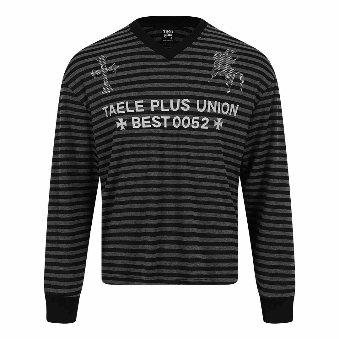 Unisex Gestreifter Langarm-Pullover mit V-Ausschnitt und Strassapplikationen Echoarchiv