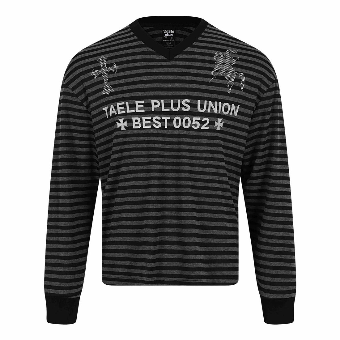 Unisex Gestreifter Langarm-Pullover mit V-Ausschnitt und Strassapplikationen Echoarchiv