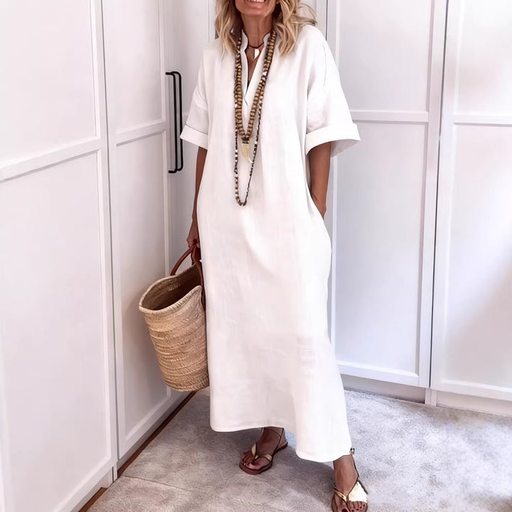 Damen Leinen Maxikleid mit V-Ausschnitt und praktischen Taschen Echo Archiv