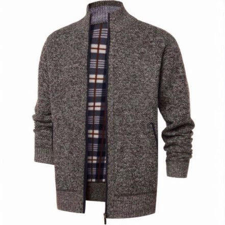 Herren gebürstete Strickjacke mit kariertem Thermofutter und Stehkragen – Taviero