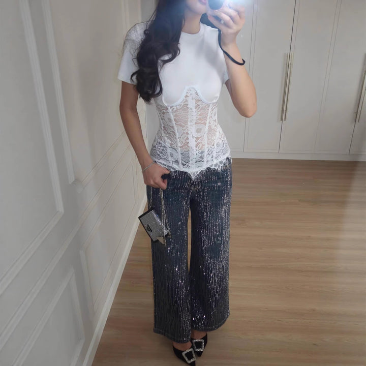 Damen nan T-Shirt mit eingesetztem Spitzenkorsett und konturierter Bügelnaht Echo Archiv