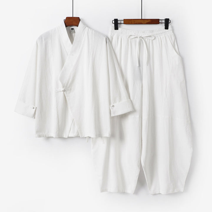 Herren Minimalistisches Kimono-Lounge-Set aus atmungsaktivem Baumwollmix mit ballonförmiger Bundhose Echoarchiv