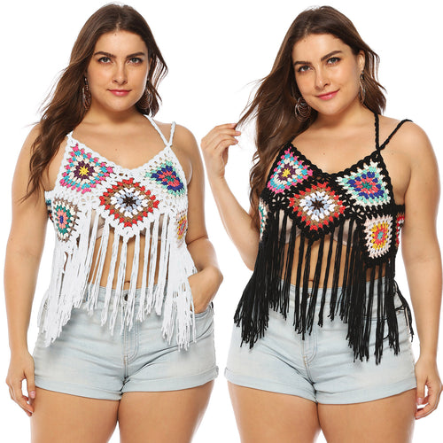 Damen gehäkeltes Crop-Top mit buntem Fransen-Design Echo Archiv