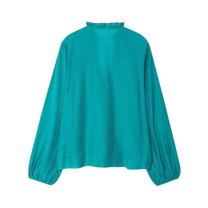Damen seidige Rüschenbluse mit Stehkragen, Volantfront und Ballonärmeln – Élovi