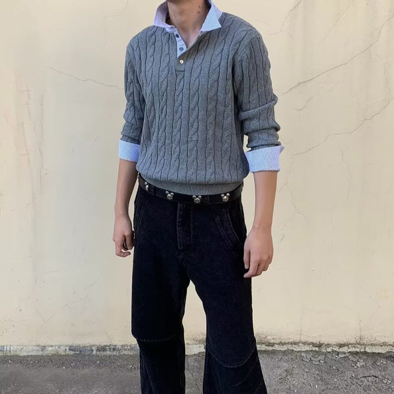 Herren Kabelstrickpullover mit Hemdkragen-Layering-Effekt Echoarchiv