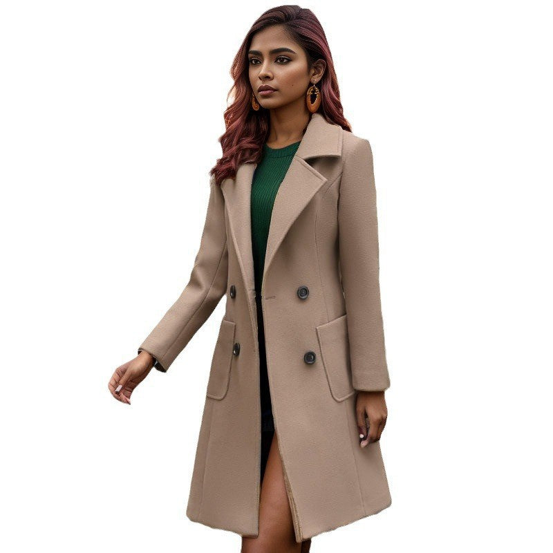 Damen eleganter Wollmantel mit doppelter Knopfreihe und praktischen Taschen Echoarchiv
