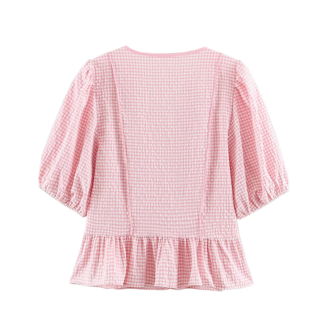 Damen Karierte V‑Neck‑Bluse mit Puffärmeln und Volantsaum Echo Archiv