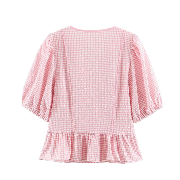Damen Karierte V‑Neck‑Bluse mit Puffärmeln und Volantsaum Echo Archiv