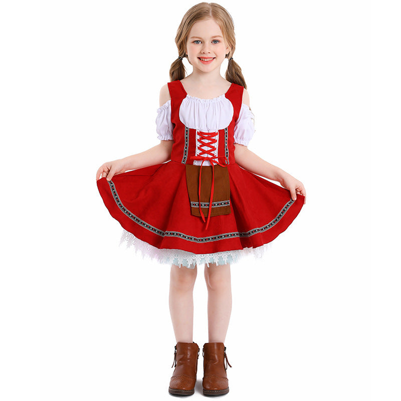Damen nan traditionelles Kinderdirndl mit Schnürmieder, Spitzenunterrock und dekorativer Schürze Echo Archiv