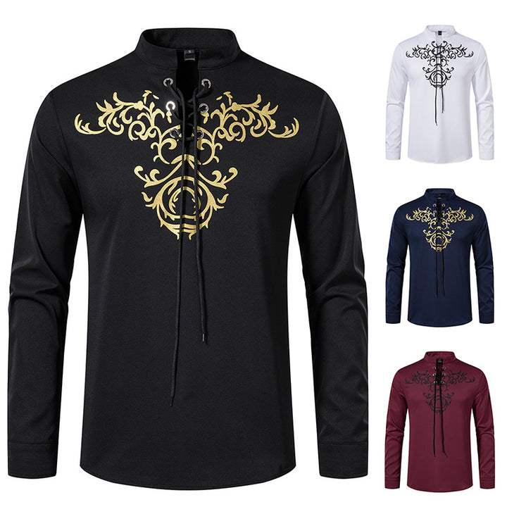 Herren Langarmshirt im asiatischen Stil mit kunstvollem Schnürungsdesign und modernen Akzenten Echoarchiv
