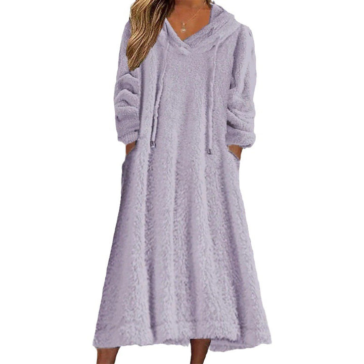 Damen Maxikleid aus Teddy-Fleece mit Kapuze, V-Ausschnitt und Eingrifftaschen Echo Archiv