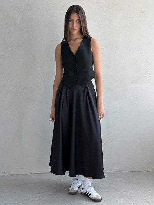 Damen Fließender Satin-Midirock mit hohem Bund und Tellerfalten Echoarchiv