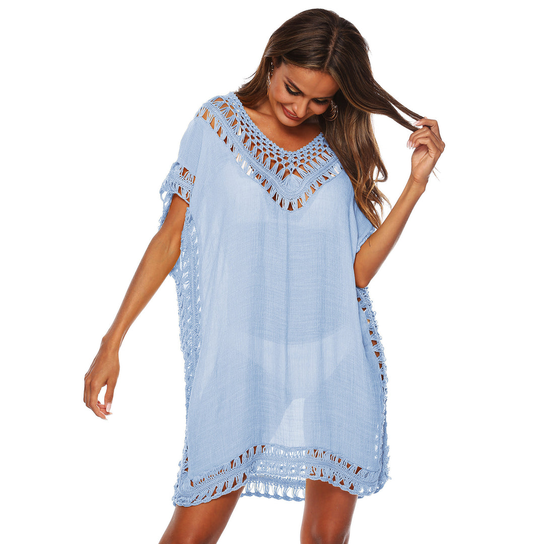 Damen Häkel-Strandüberwurf mit elegantem V-Ausschnitt und fransigen Details Echo Archiv