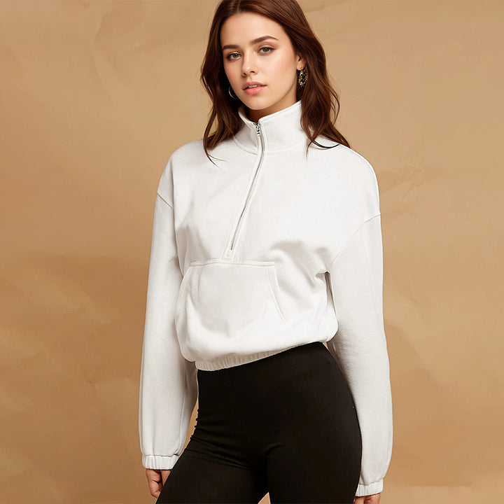 Damen halbzip Cropped Sweatshirt mit hohem Stehkragen, Kängurutasche und elastischem Saum – Auréline