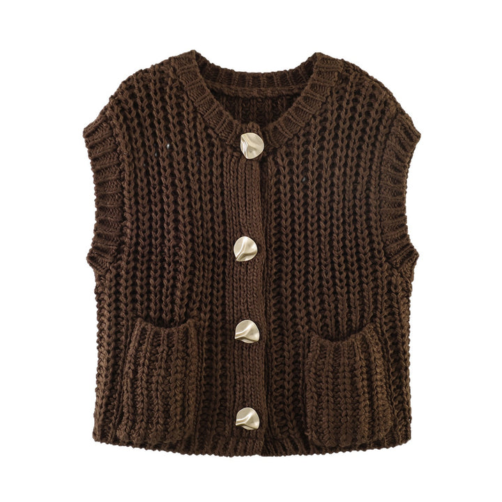 Damen Grobgestrickte ärmellose Weste mit Zierknöpfen und Taschen Echoarchiv
