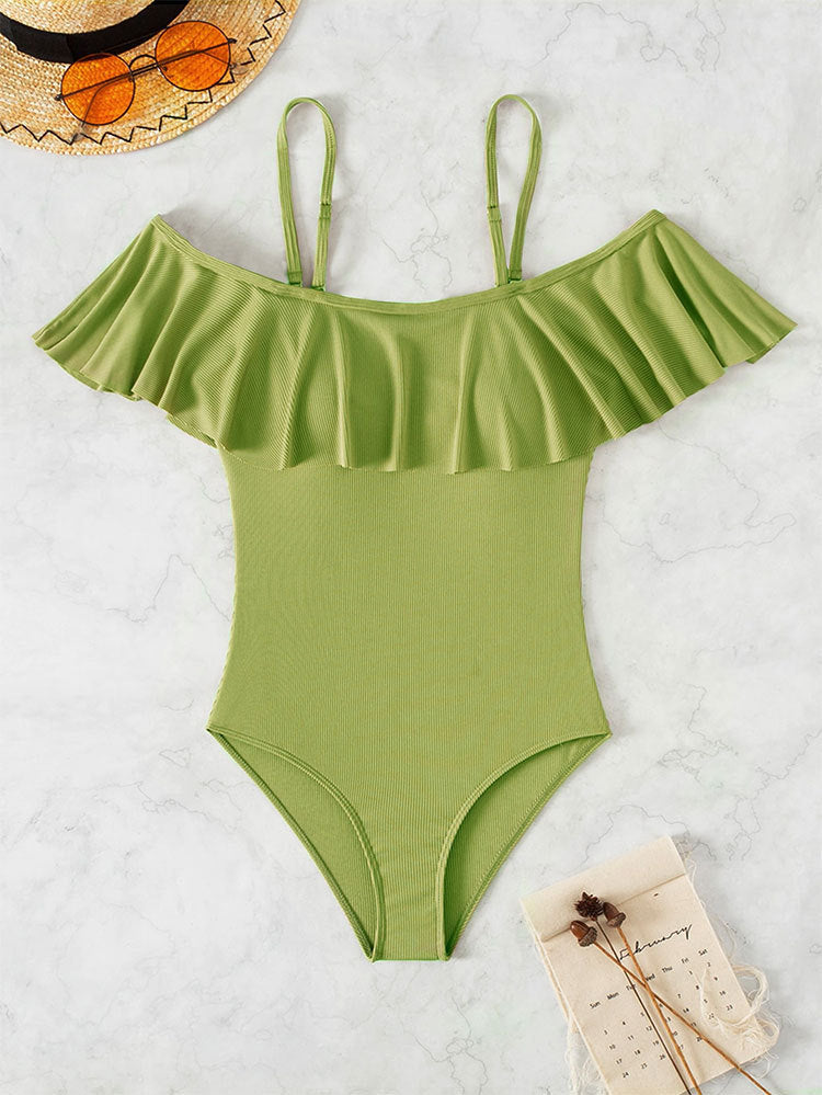 Damen Eleganter Badeanzug mit Volants und schulterfreier Ausschnitt Echo Archiv