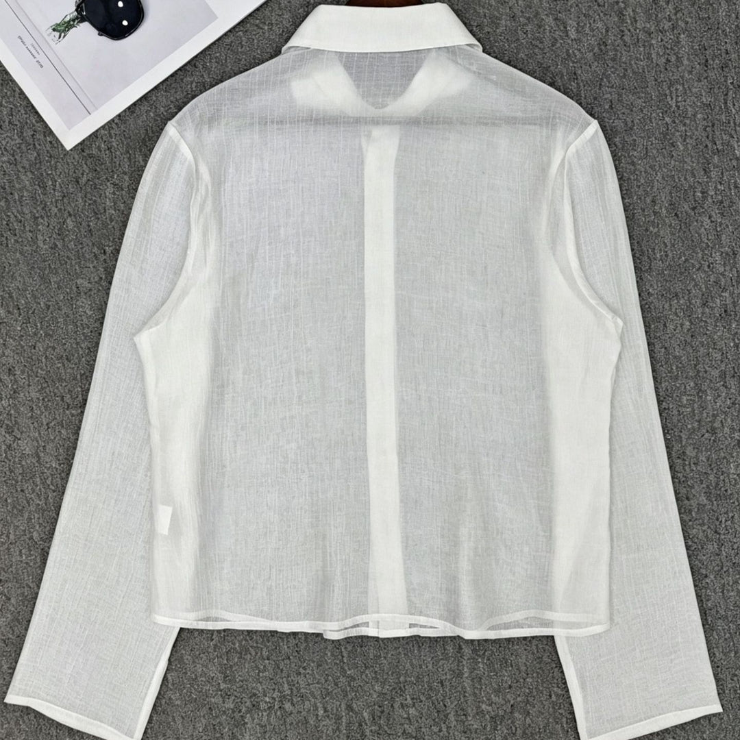 Damen Transparente Hemdbluse in Leinenoptik mit Kentkragen Echoarchiv