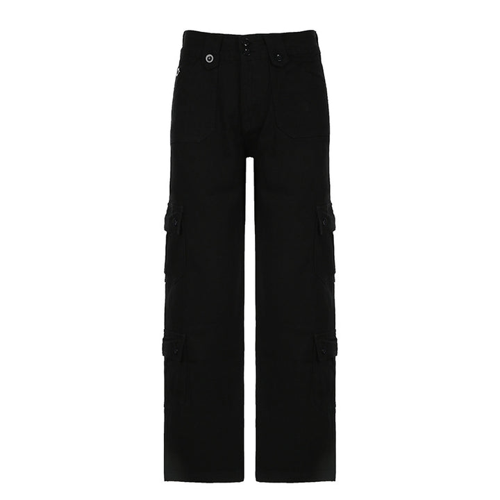Damen nan hohe Taille Cargo-Hose mit geradem Bein, mehrfachen Klappentaschen und markanten Knopfdetails Echo Archiv