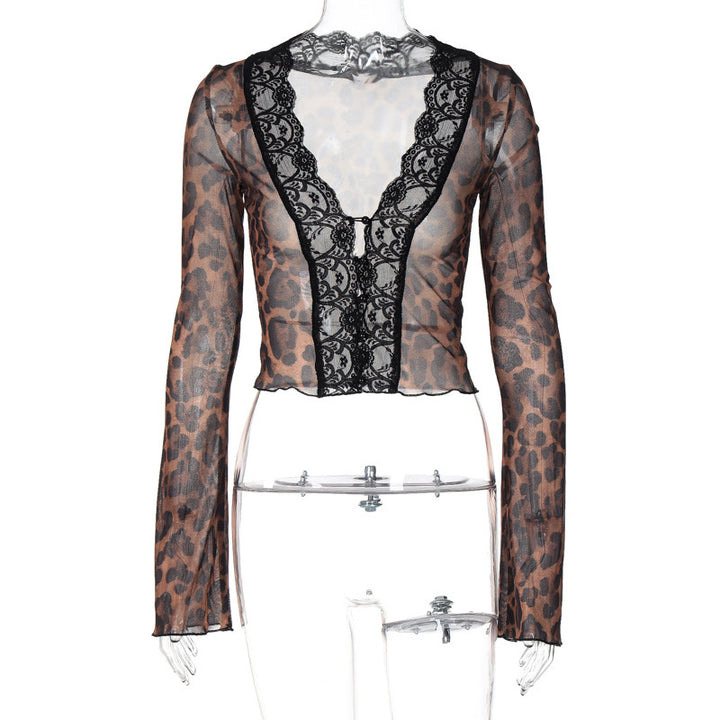 Damen Spitzenbluse mit Leopardenmuster und tiefem V-Ausschnitt Echo Archiv