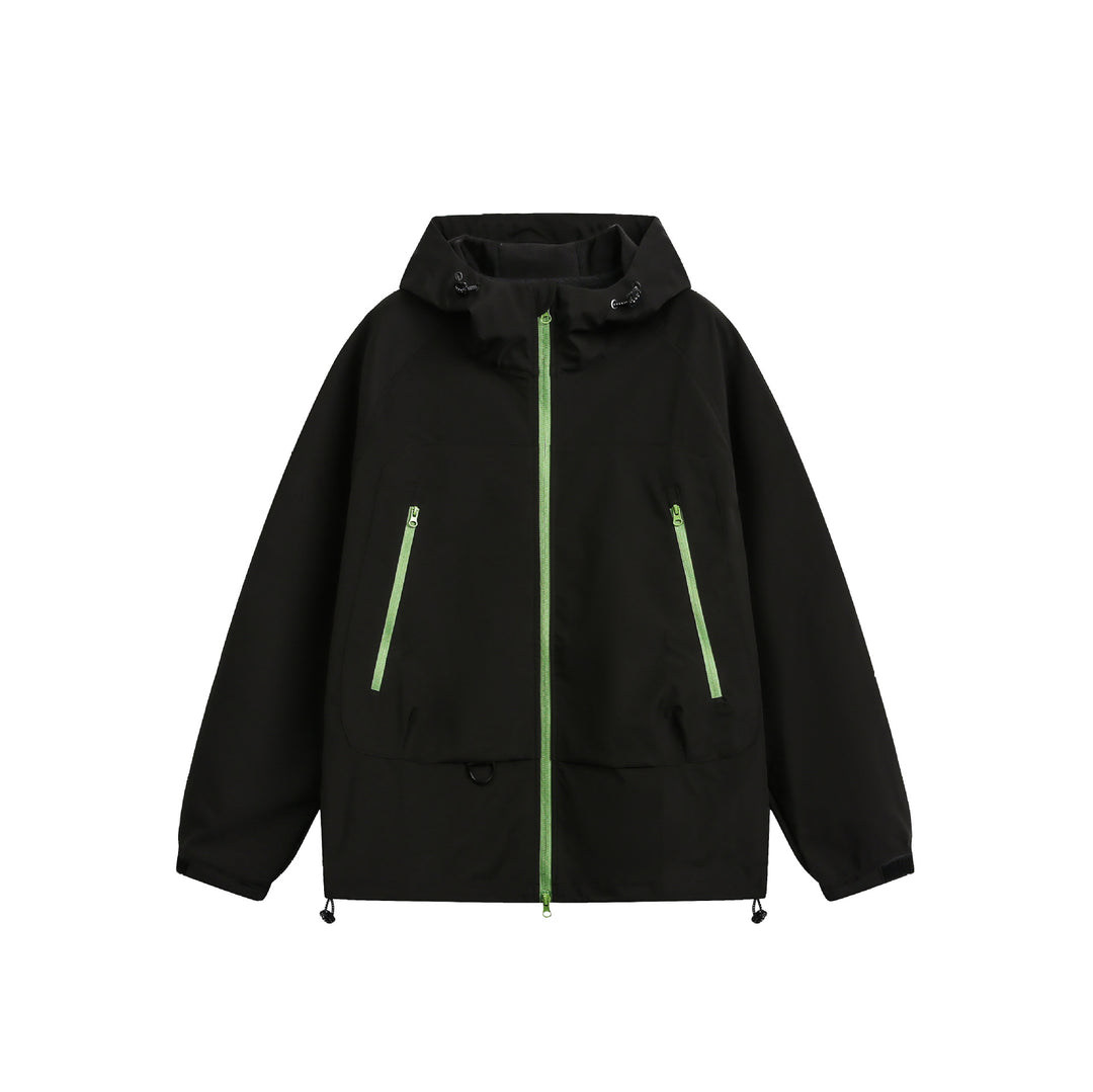 Damen Wasserdichte Softshell‑Regenjacke mit Kapuze, verstellbarem Saum und kontrastierenden Reißverschlüssen Echoarchiv