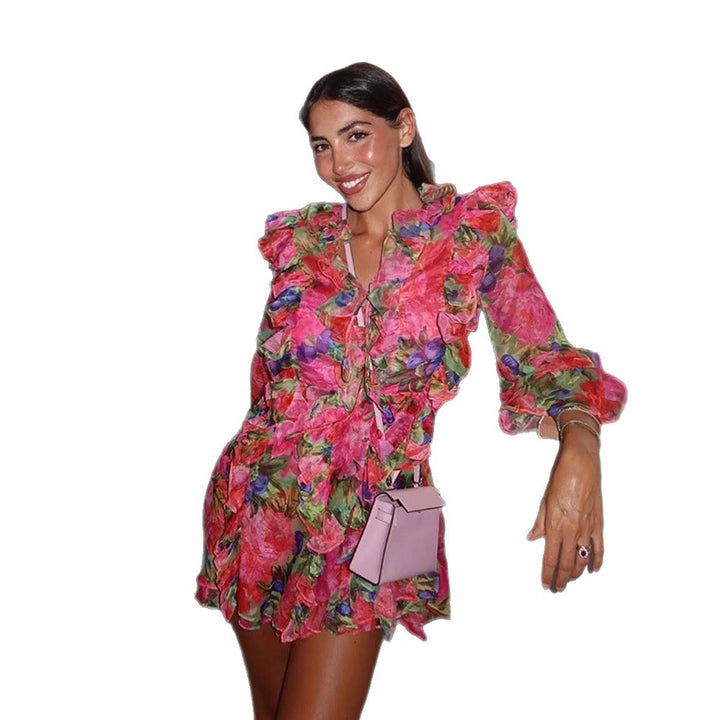 Damen Florales Chiffon-Minikleid mit Schnürkorsett, Volants und ausgestellten Ärmeln Echoarchiv