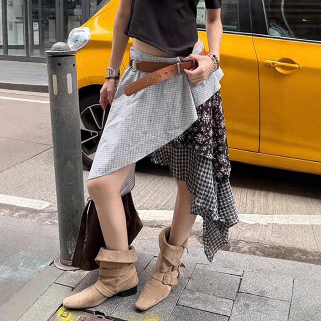 Damen asymmetrischer Rock mit floralen und karierten Mustern Echo Archiv