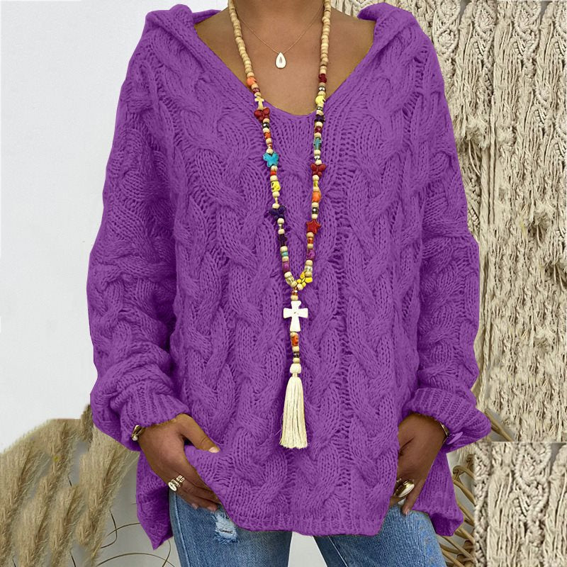 Damen Oversized Zopfmuster-Strickpullover mit Kapuze und lässigem V‑Ausschnitt Echo Archiv