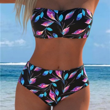 Damen Bandeau-Bikini mit hohem Taillenschnitt und kontrastierendem Blumendesign Echo Archiv