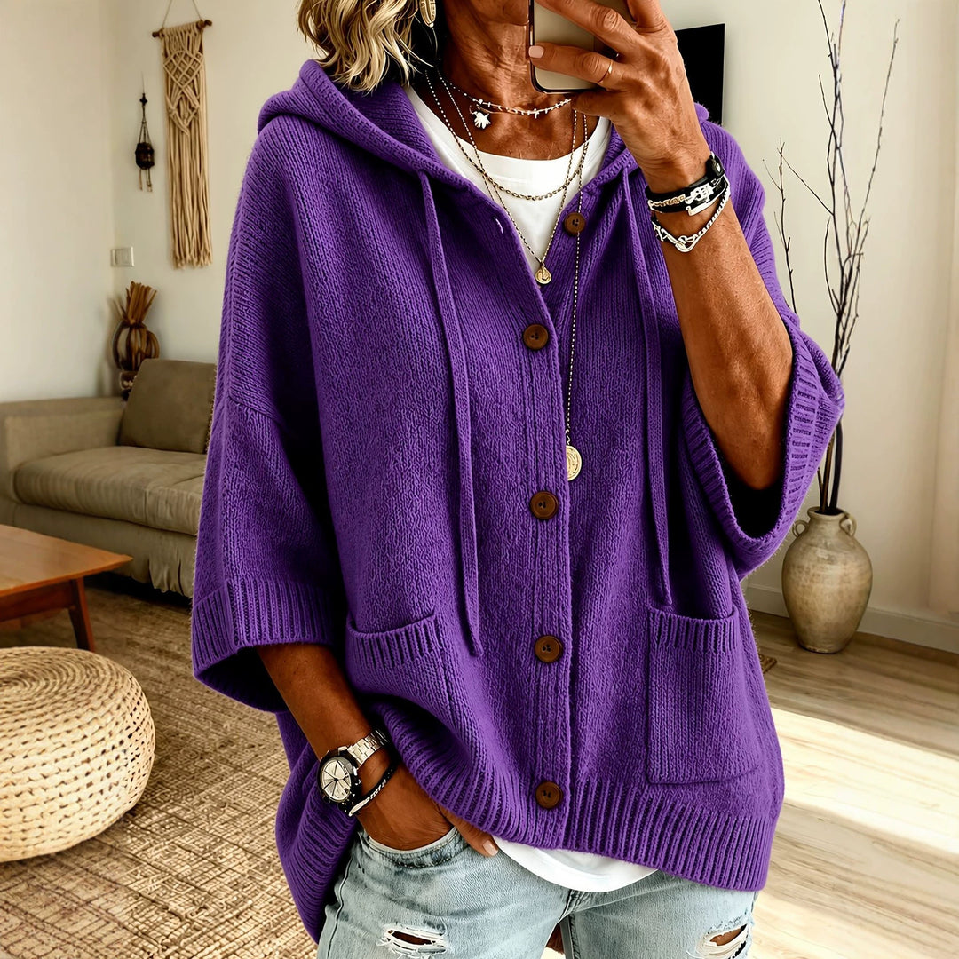 Damen Oversize Kapuzen-Cardigan mit Holzknöpfen und kastiger Silhouette – Veloura