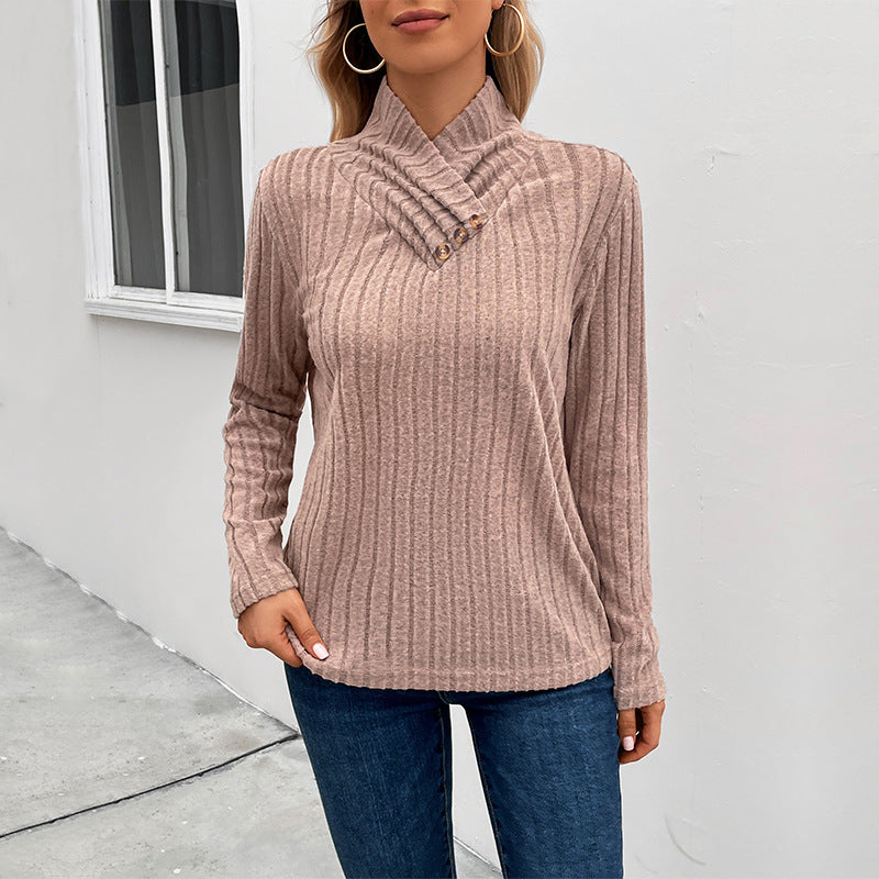 Damen Gerippter Feinstrickpullover mit überlappendem Stehkragen Echoarchiv