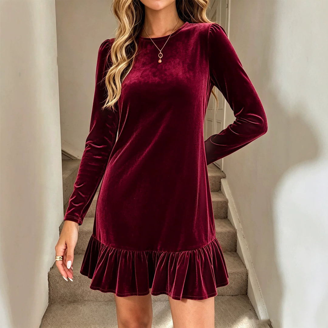 Damen Samt-Minikleid mit langen Ärmeln gerafftem Volantsaum und Puffschultern – Élara