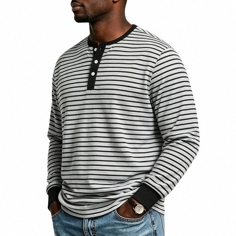 Herren Gestreiftes Langarm-Henleyshirt aus Baumwollmischung mit Knopfleiste Echoarchiv