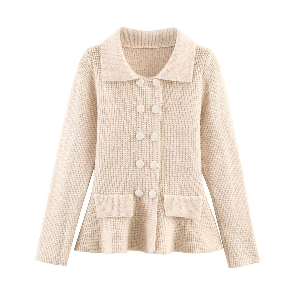 Damen Doppelreihige Bouclé-Jacke mit Schößchen, aufgesetzten Taschen und Hemdkragen Echoarchiv