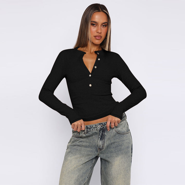 Damen Langarmshirt mit Knopfleiste und figurbetontem Schnitt Echo Archiv